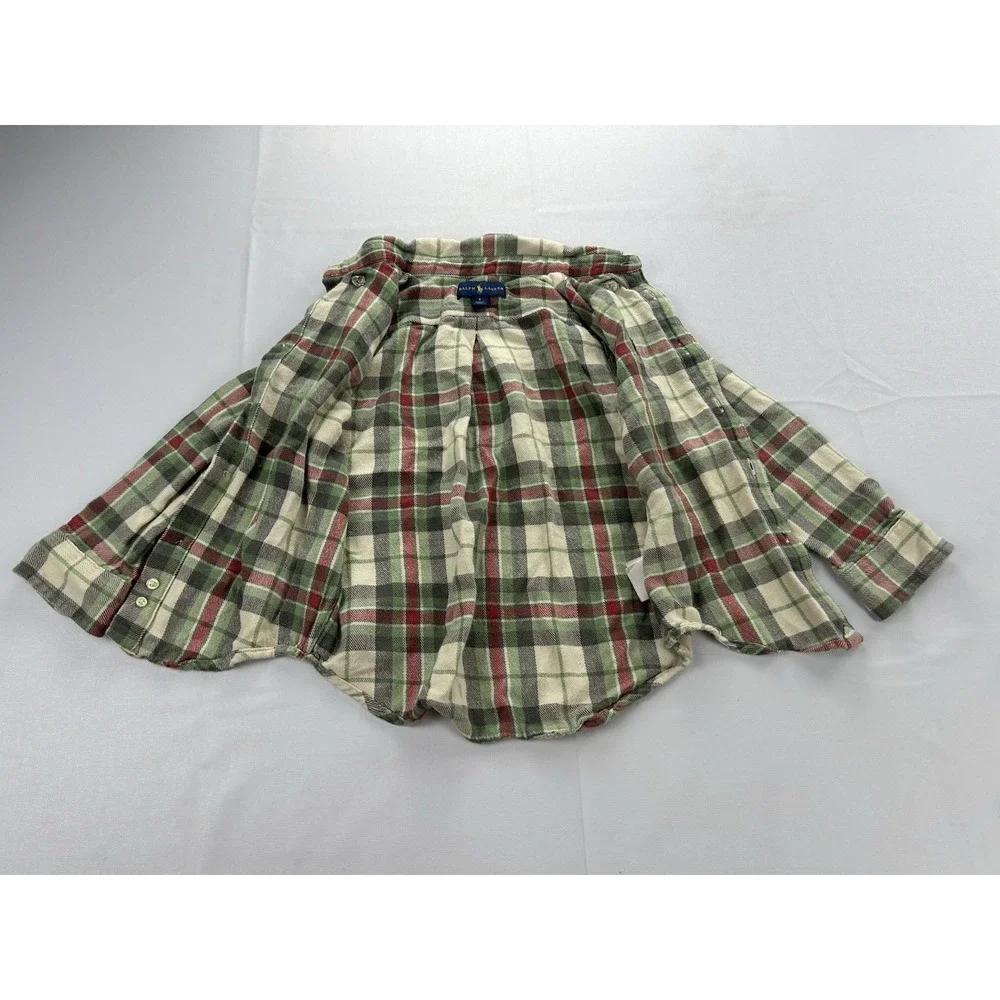 Ralph Lauren Boys Sz 5 Plaid Flannel Shirt Green Red Cotton Button Down Holiday